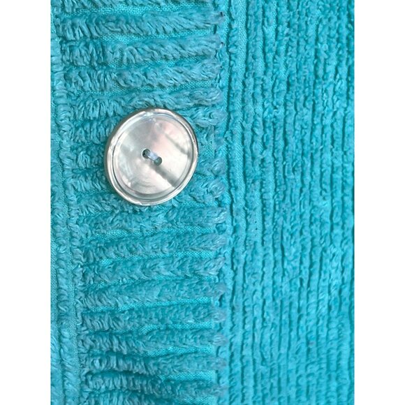 Chenille Button-Front Housecoat 1X Aqua Blue Long Sleeves Dual Pockets VTG READ - Picture 10 of 10